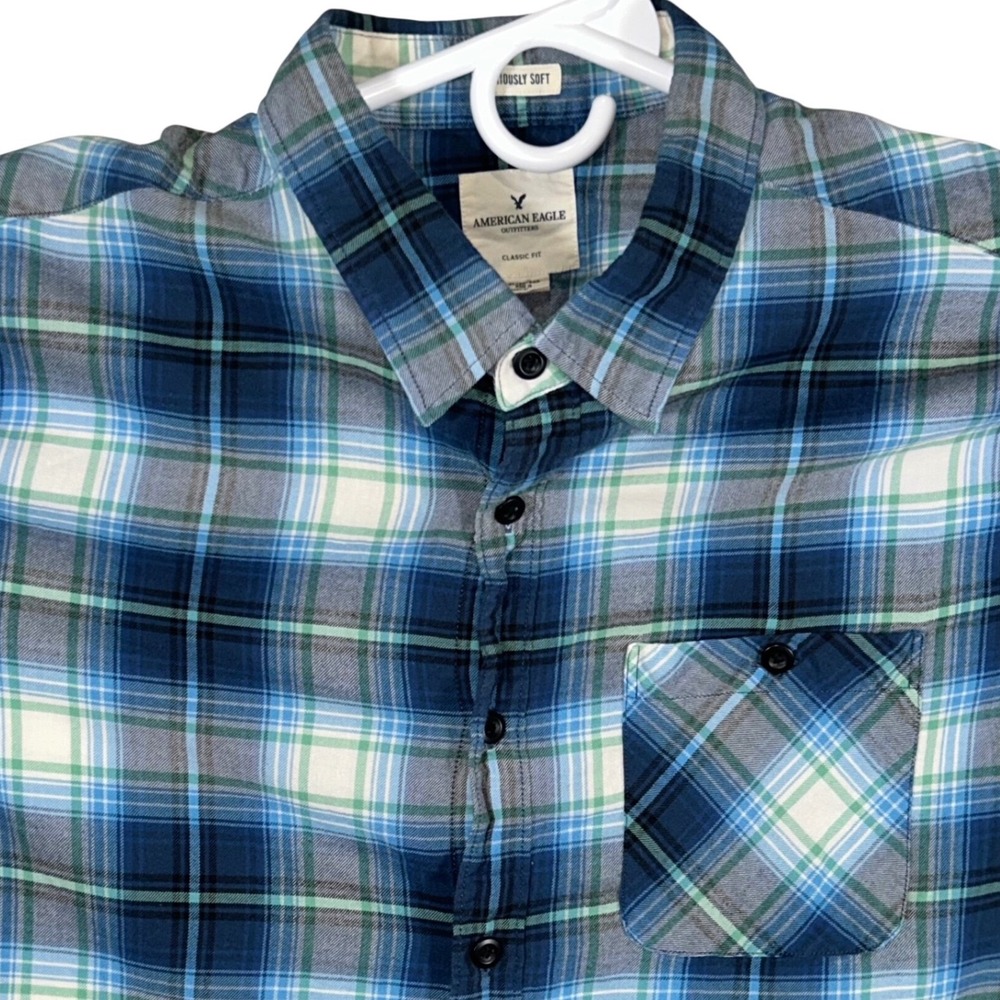American Eagle‎ Mens Classic Fit Plaid Button Down Shirt Blue XL Long Sleeve